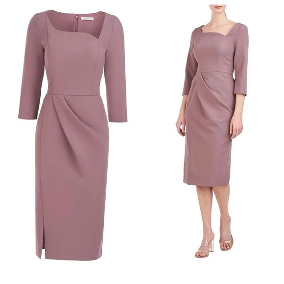 KAY UNGER Anya Asymmetric Crepe Midi-Dress - Mink color, Size 4 - Picture 1 of 16